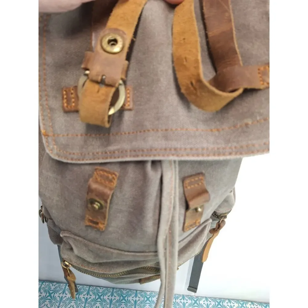 Canvas Leather Backpack Gray Brown Laptop Rucksack Fits 17” laptop